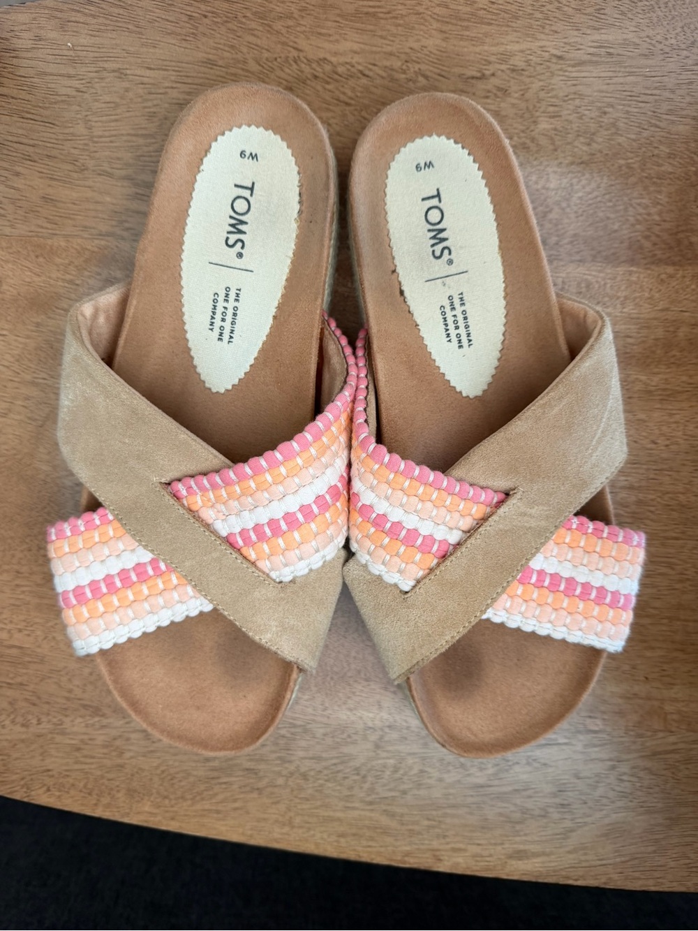TOMS Tan Slide Mules with Pink & Peach Woven Straps